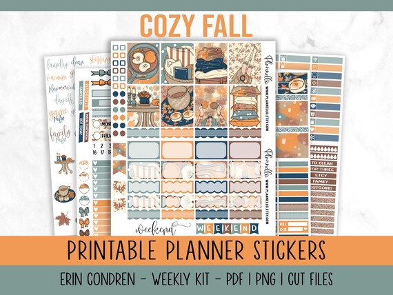 Cozy Fall Printable Planner Stickers, Autumn Weekly Kit, Fall Weekly Printable, Erin Condren Weekly Kit, Apple Cider Stickers, Cut Files