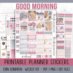 Kit de pegatinas imprimibles, pegatinas de planificador imprimibles de Erin Condren, kit semanal imprimible, buenos días, kit de planificador de días perezosos, pegatinas de café