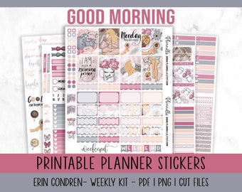 Kit de pegatinas imprimibles, pegatinas de planificador imprimibles de Erin Condren, kit semanal imprimible, buenos días, kit de planificador de días perezosos, pegatinas de café