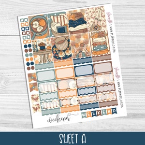 May include: A sheet of planner stickers with an autumn theme. The stickers feature illustrations of coffee, books, pumpkins, and leaves in shades of orange, brown, and blue. The sheet also includes blank boxes for writing and a banner that says "Weekend".