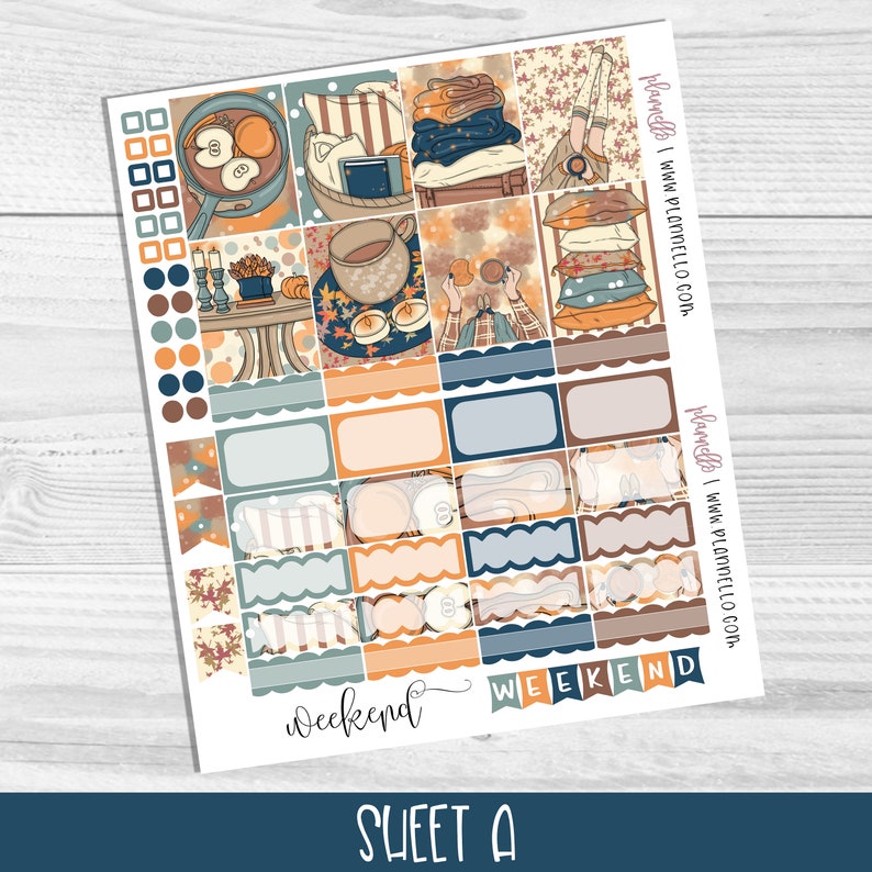May include: A sheet of planner stickers with an autumn theme. The stickers feature illustrations of coffee, books, pumpkins, and leaves in shades of orange, brown, and blue. The sheet also includes blank boxes for writing and a banner that says "Weekend".