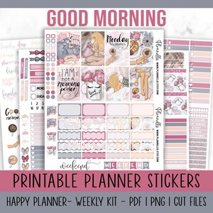 Buenos días, pegatinas de planificador imprimibles Happy Planner, kit semanal vertical, kit de planificador de días perezosos, pegatinas imprimibles de café