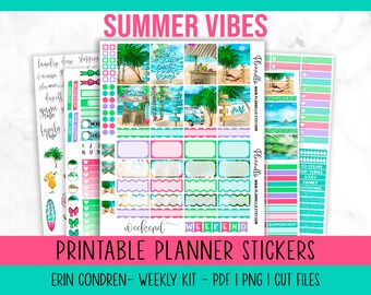 Summer Vibes Beach Printable Planner Stickers, Erin Condren Vertical Layout, Digital Planner Stickers, Silhouette Cut Files Included