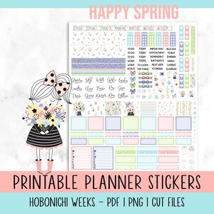 May include: Printable planner stickers with a spring theme. The stickers feature a girl holding flowers, butterflies, bows, and other spring-themed designs. The stickers are designed for use with Hobonichi Weeks planners.