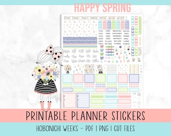 Spring Printable Planner Stickers, Hobonichi Weeks, Full Weekly Kit, Cut Files Included, Floral Planner Stickers, Png, Pdf Included