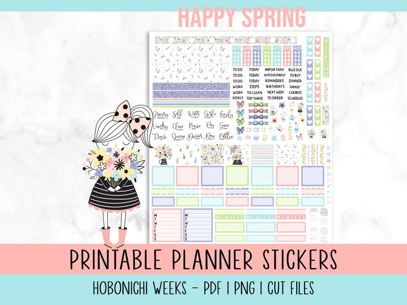 May include: Printable planner stickers with a spring theme. The stickers feature a girl holding flowers, butterflies, bows, and other spring-themed designs. The stickers are designed for use with Hobonichi Weeks planners.
