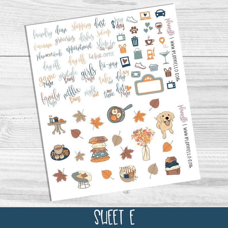 May include: A sheet of colourful stickers with autumn-themed illustrations and text. The stickers include images of leaves, pumpkins, a dog, a coffee cup, a fireplace, and a basket. The text on the stickers includes phrases like "day off", "girls night", "take me out", and "date night".