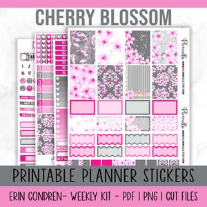 Flores de cerezo, pegatinas del planificador imprimible Erin Condren, pegatinas del planificador de primavera, kit semanal vertical, pegatinas del planificador floral