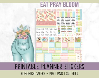 Hobonichi Weeks, Spring Printable Planner Stickers, Full Weekly Kit, Cut Files Included, Floral Planner Stickers, Png, Pdf Included