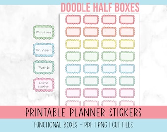 Half Box, Doodle Half Box, Printable Planner Stickers, Pastel, Hand drawn, Erin Condren, Planner Printables, Functional Stickers, Cut Files