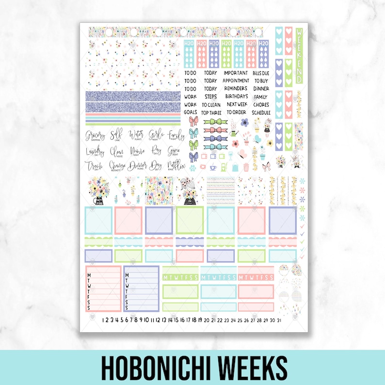 May include: A colorful planner sticker sheet with a floral theme. The sheet includes a variety of stickers, including boxes, checklists, and daily task reminders. The stickers are designed for use in a Hobonichi Weeks planner.