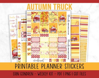 Autumn Truck Printable Planner Stickers, Autumn Stickers, Fall Stickers, Pumpkin Weekly Kit, Autumn Weekly Kit, Erin Condren, Cut Files