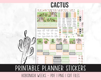 Succulents Hobonichi Weeks, Printable Planner Stickers, Full Weekly Kit, Cut Files Included, Cactus Planner Stickers, Png, Pdf Included