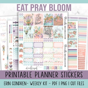 Spring Printable Planner Stickers, Spring Flowers Weekly Planner Kit, Erin Condren Vertical Weekly Kit, Eat Pray Bloom, Cut Files Included