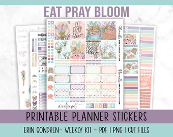 Spring Printable Planner Stickers, Spring Flowers Weekly Planner Kit, Erin Condren Vertical Weekly Kit, Eat Pray Bloom, Cut Files Included
