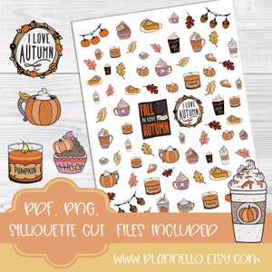 Fall Printable Planner Stickers, Fall Sticker, Autumn Stickers, Pumpkin Stickers, Deco Stickers for Planner, Cut Files Included