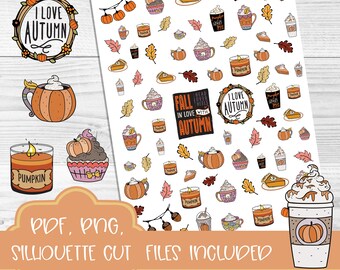Fall Printable Planner Stickers, Fall Sticker, Autumn Stickers, Pumpkin Stickers, Deco Stickers for Planner, Cut Files Included