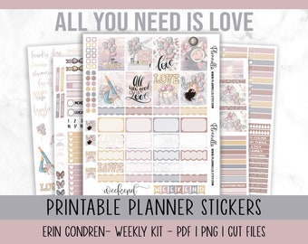 May include: Printable planner stickers with a soft color palette of pink, beige, and gray. The design includes illustrations of balloons, hearts, and the phrase "All You Need Is Love." The stickers are designed for Erin Condren planners.