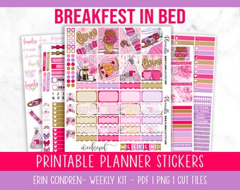 May include: Printable planner stickers with a pink and gold color scheme. The stickers feature illustrations of breakfast in bed, hearts, and the word "love". The stickers are designed for use with Erin Condren planners.