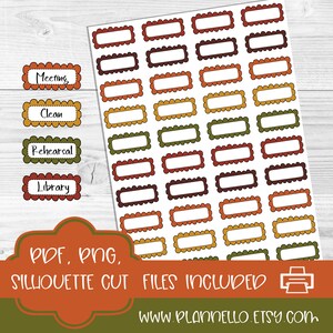 Puede incluir: Pegatinas imprimibles para planificador con bordes festoneados en tonos marrones, naranjas y verdes. Las pegatinas están en blanco y se pueden usar para etiquetar citas, tareas u otros eventos. El texto "PDF, PNG, SILHOUETTE CUT FILES INCLUDED" está en la parte inferior de la imagen.