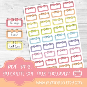 May include: A sheet of printable planner stickers with colorful bow accents. The stickers are rectangular with blank spaces for writing. The text "Dr. Appt." "Lunch" and "Call Sue" are on three of the stickers.