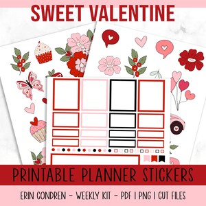 Op de afbeelding: Printbare planner stickers met een Valentijnsdag thema. De stickers bevatten harten, bloemen, vlinders, cupcakes en een auto. De stickers zijn ontworpen voor Erin Condren planners.