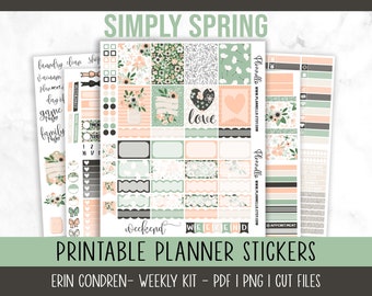 Spring Flowers Erin Condren Printable Planner Stickers, Vertical Planner Spring Floral Weekly Kit, Printable Stickers, Cut Files Includes