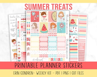 Summer Treats Printable Planner Stickers, Digital Planner Stickers,  Erin Condren Vertical Layout, Silhouette Cut Files Included