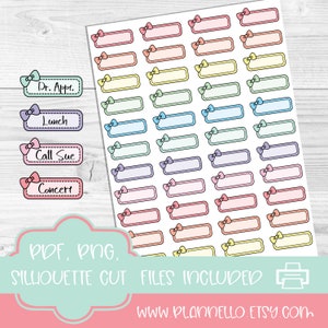 May include: A sheet of printable planner stickers with colourful rectangular boxes and bows. The stickers are designed for use in a planner or journal. The text on the stickers includes "Dr. Appt.", "Lunch", "Call Sue", and "Concert".