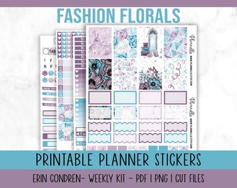 Fashion Floral, Erin Condren Printable Planner Stickers, Vertical Weekly Kit, Floral Stickers, Spring Planner Stickers, Cut Files
