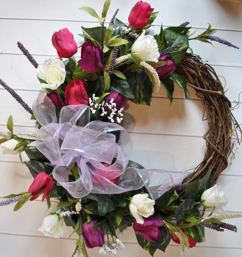 Cottage Wreath Wedding Wreath Summer Wreath Everyday Wreath Wreath Tulip Wreath Funeral Wreath Purple Wreath Spring Door Wreath