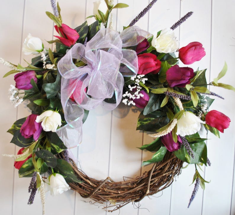 Cottage Wreath Wedding Wreath Summer Wreath Everyday Wreath Wreath Tulip Wreath Funeral Wreath Purple Wreath Spring Door Wreath