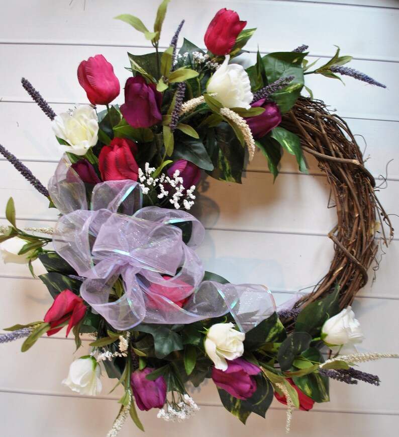 Cottage Wreath Wedding Wreath Summer Wreath Everyday Wreath Wreath Tulip Wreath Funeral Wreath Purple Wreath Spring Door Wreath