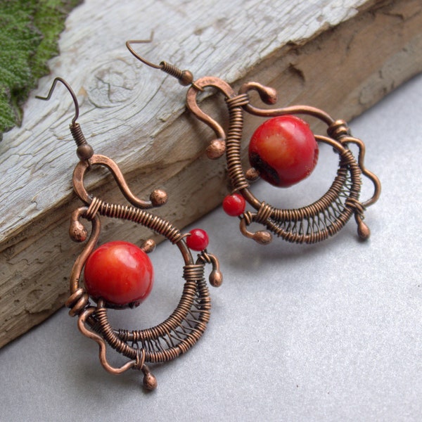 Wire wrapped earrings, Coral earrings, Copper, Wire wrap earrings, Unique earrings for womens, Boho, Statement earrings, Copper jewelry