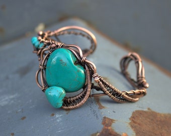 Turqouise Copper bracelet, Heart Boho Bracelet, Wire Wrapped Cuff Bracelet, Rustic Copper, Wire Wrap Bracelet, Gift for Women, girlfriend