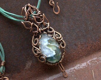 Elven Fantasy necklace, Copper Woodland jewelry, Moss Agate, Wire wrapped necklace, Handmade, Elf necklace, Gift for her, Forest necklace