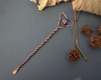 Celtic Knot Hair Stick with Amethyst gemstone, Trinity Clover Hair, Triquerta Hair Jewelry, Celtic Cross Hair Fork, Viking gift for women