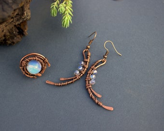 Earrings and ring copper jewelry set with Opalite crystal, Jewelry set, Copper jewelry, Handmade, Gift for wife, Jewelry set for women