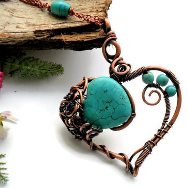 Copper, Wire heart necklace, Turquoise stone, Wire woven necklace, Copper heart necklace, Wire wrapped jewelry, Gift for her, Heart necklace