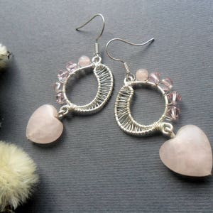 Silver Rose quartz earrings, Heart earrings, Handmade, Bridesmaid earrings, Love stone earrings, Quartz, Gift for women, Wire jewelry image 2