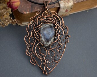 Wire Wrapped Copper Pendant with Dendritic Opal, Woven Wire Pendant, Necklace, Fantasy Jewelry for Women, Handmade Copper Jewelry, Fairy