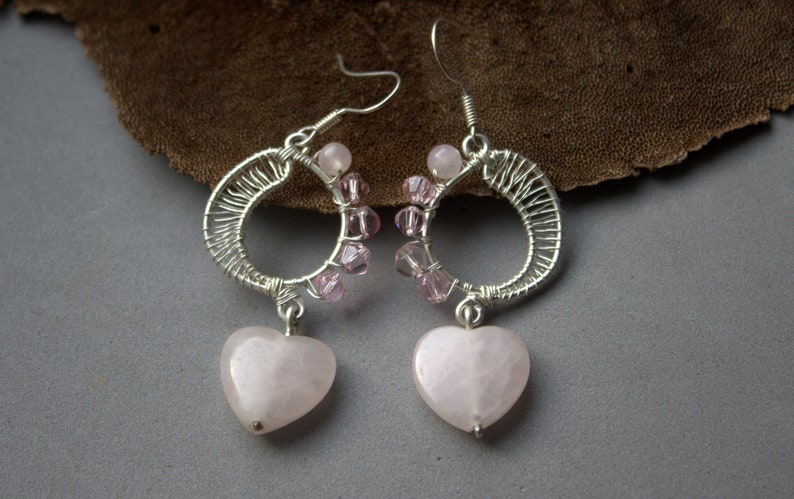 Silver Rose quartz earrings, Heart earrings, Handmade, Bridesmaid earrings, Love stone earrings, Quartz, Gift for women, Wire jewelry image 9