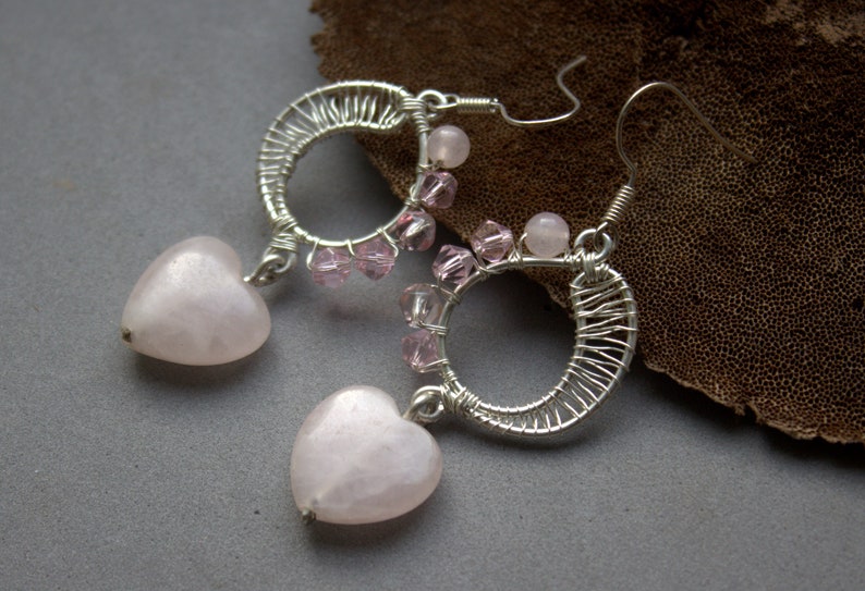 Silver Rose quartz earrings, Heart earrings, Handmade, Bridesmaid earrings, Love stone earrings, Quartz, Gift for women, Wire jewelry image 4