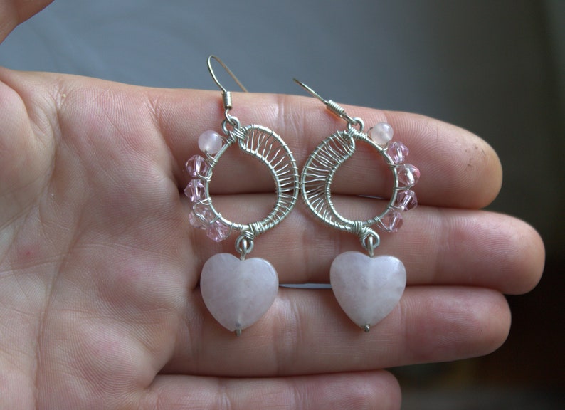 Silver Rose quartz earrings, Heart earrings, Handmade, Bridesmaid earrings, Love stone earrings, Quartz, Gift for women, Wire jewelry image 5