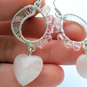 Silver Rose quartz earrings, Heart earrings, Handmade, Bridesmaid earrings, Love stone earrings, Quartz, Gift for women, Wire jewelry image 8
