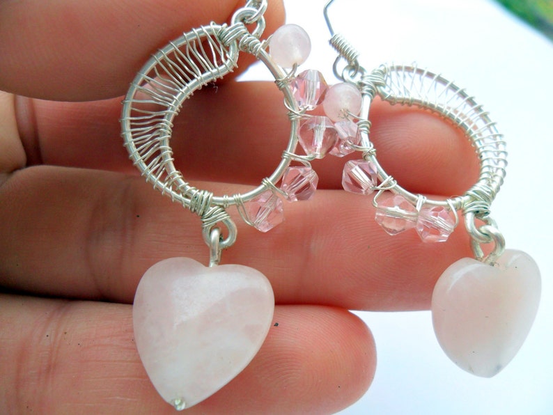 Silver Rose quartz earrings, Heart earrings, Handmade, Bridesmaid earrings, Love stone earrings, Quartz, Gift for women, Wire jewelry image 8