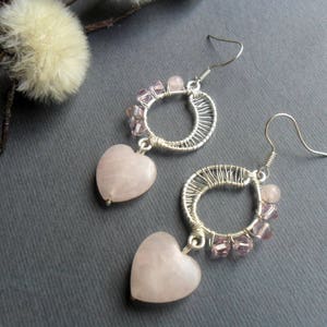 Silver Rose quartz earrings, Heart earrings, Handmade, Bridesmaid earrings, Love stone earrings, Quartz, Gift for women, Wire jewelry image 6