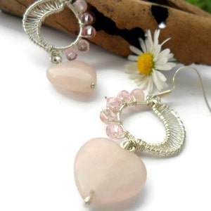 Silver Rose quartz earrings, Heart earrings, Handmade, Bridesmaid earrings, Love stone earrings, Quartz, Gift for women, Wire jewelry image 10
