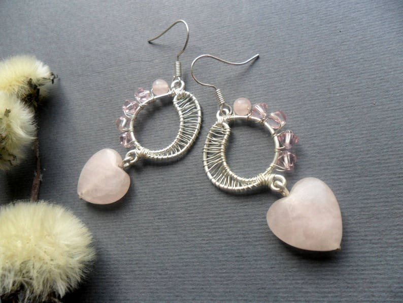 Silver Rose quartz earrings, Heart earrings, Handmade, Bridesmaid earrings, Love stone earrings, Quartz, Gift for women, Wire jewelry image 2