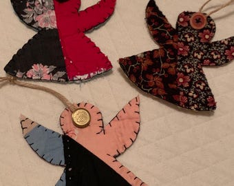 Adornos navideños de ángel hechos a mano con colcha vintage (3 por pedido)